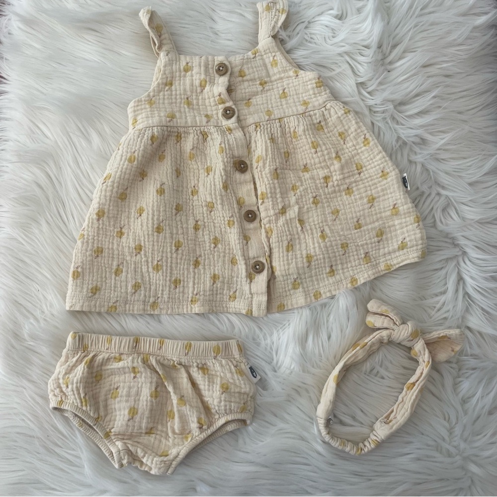 Rabbit + Bear Girl Dress Bloomer & Headband Set Pears Organic Cotton Size 24 Mon
